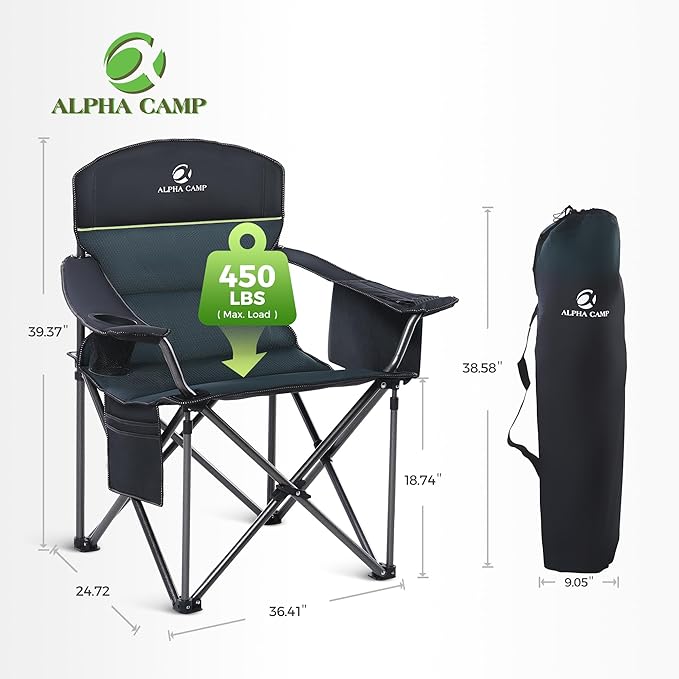 ALPHA CAMP Oversized Camping Chair Heavy Duty Lawn Chair with Cooler Bag Support 450 LBS Steel Frame Collapsible Padded Arm Quad Lumbar Back Folding Chair for Lawn Outdoor