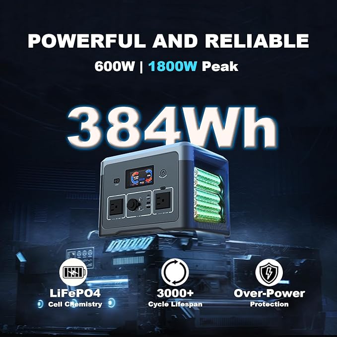 Portable Power Station, 384Wh LiFePO4 Battery Backup, 600W(1800W Peak) Solar Generator with 10 Outlets,UPS Function, Solar Power Station for Home Emergency,Camping,RV, Music Player&LED Lights