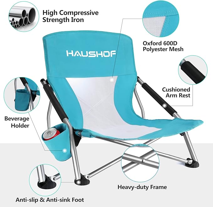HAUSHOF Low Beach Chair, Mesh Back Folding Chair, Lightweight Low Seat Camping Chairs with Cup Holder, Carry Bag, Padded Armrest, for Outdoor Beach Lawn Camping Picnic Festival
