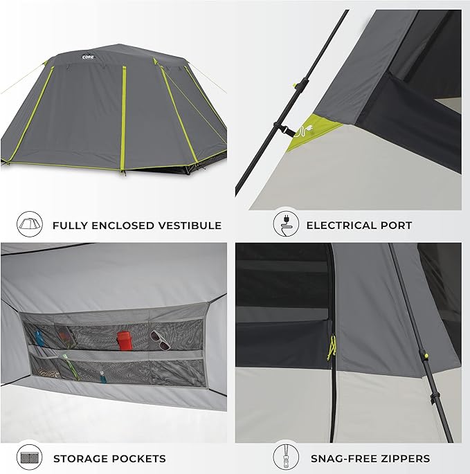 CORE Instant Cabin Tents | 6 Person / 9 Person / 10 Person / 12 Person Family Cabin Multi Room Pop Up Tents Car Camping | Included Storage Pockets for Camping Accessories