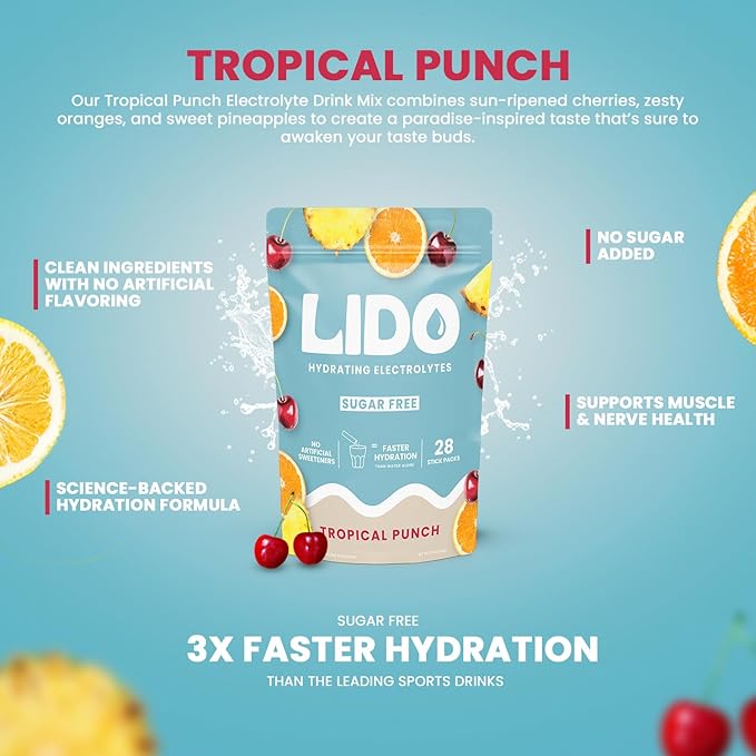 LIDO Tropical Punch Electrolyte Powder Packets — Clean, Zero-Sugar Hydration Drink Mix with Balanced Sodium for Fast Replenishment — Vegan, Paleo & Fasting Friendly — 28 Sticks