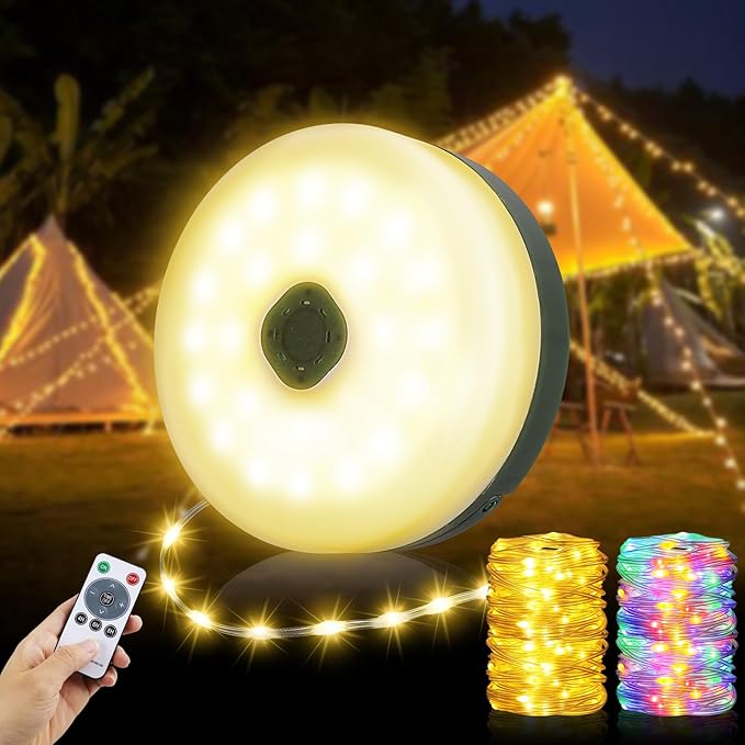 Camping String Lights 33ft, 4 in 1 Rechargeable 100 LED Outdoor Tent String Lights with 14 Lighting Modes Remote Control Waterproof with Timer Function for Camping Gear Essentials Hiking Yard Garden
