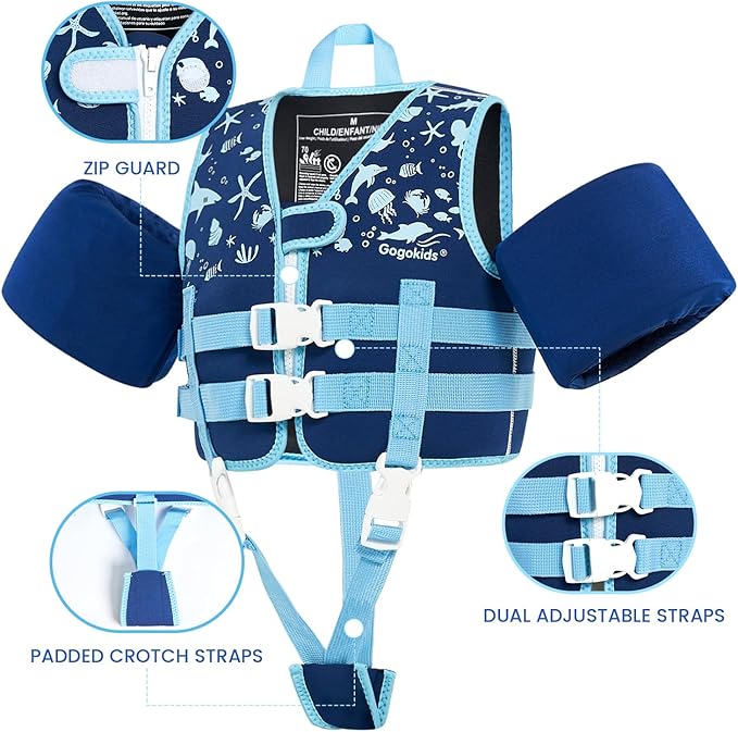 Gogokids Swim Vest for Kids Learn to Swim, Toddler Floaties Fit 20-50 lbs Girls & Boys, Buoyancy Jacket Swimming Aid with Duel Adjustable Safety Strap and Padded Crotch Straps