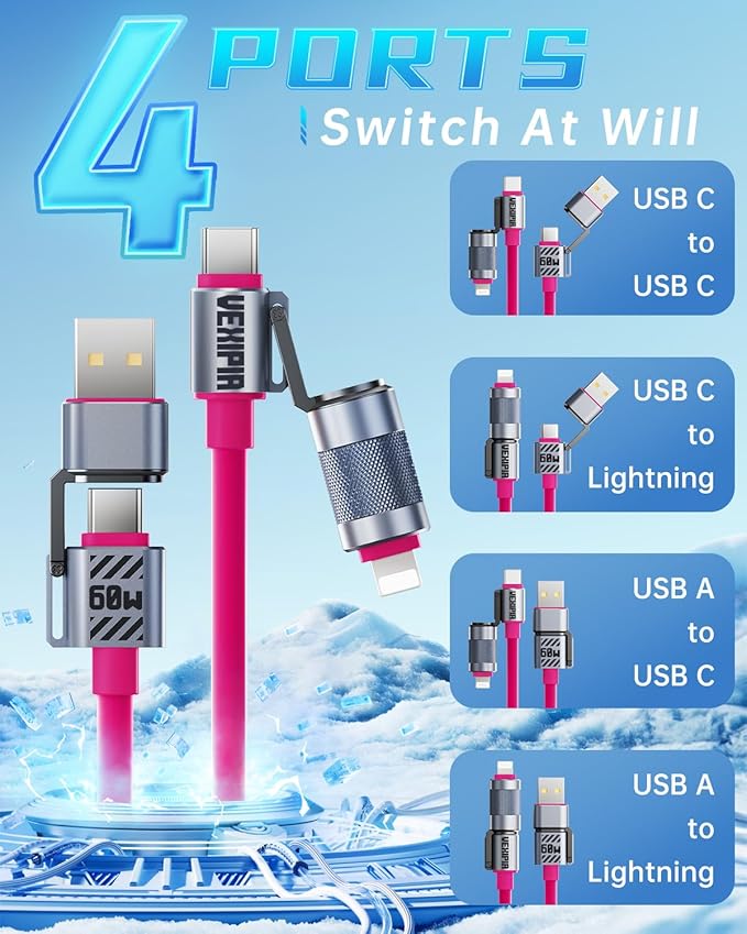 4 in 1 USB C Cable 60W 5FT Fast Charging & Data Transfer, Thicker Silicone Multi Charger Cord for iPhone iPad Charger Wire Combo with L/Type C/USB A for iPhone 16/15/Macbook (Pink)