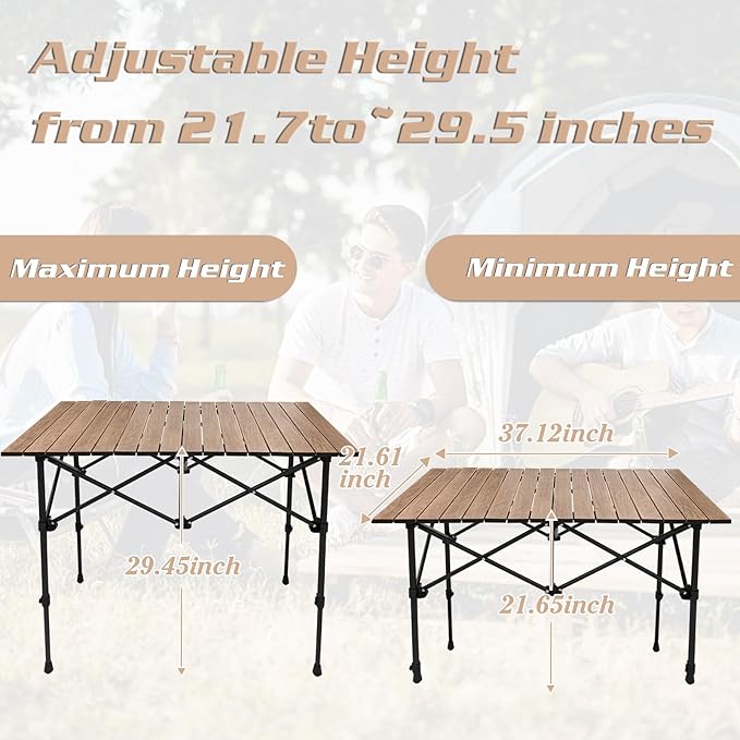 Aluminum Folding Camp Table w/Storage Bag, Roll Up Surface Portable Camping Table Height Adjustable Outdoor Indoor Use for Camping Picnic BBQ Backyard