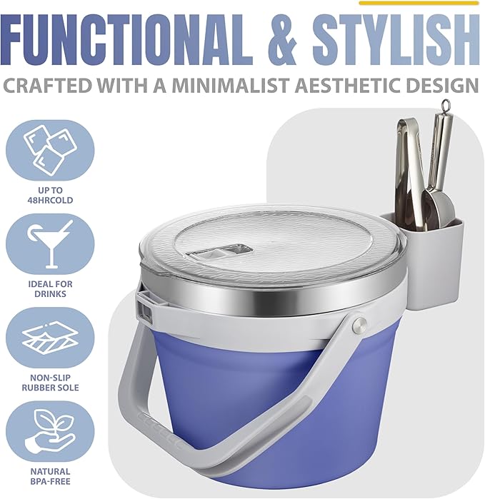 COKTIK 7L Vacuum Insulated Ice Bucket with Lid and Scoop& Tongs，Large capacity Stainless Steel Beverage Bucket for Cocktail, Champagne, Wine, Beer，Large Parties（Purple Suit）