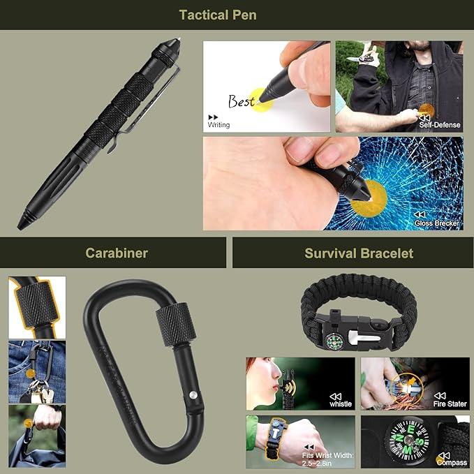 XUANLAN Emergency Survival Kit, Outdoor Survival Gear Tool with Survival Bracelet, Fire Starter, Whistle, Wood Cutter, Water Bottle Clip, Pen (29 in 1)