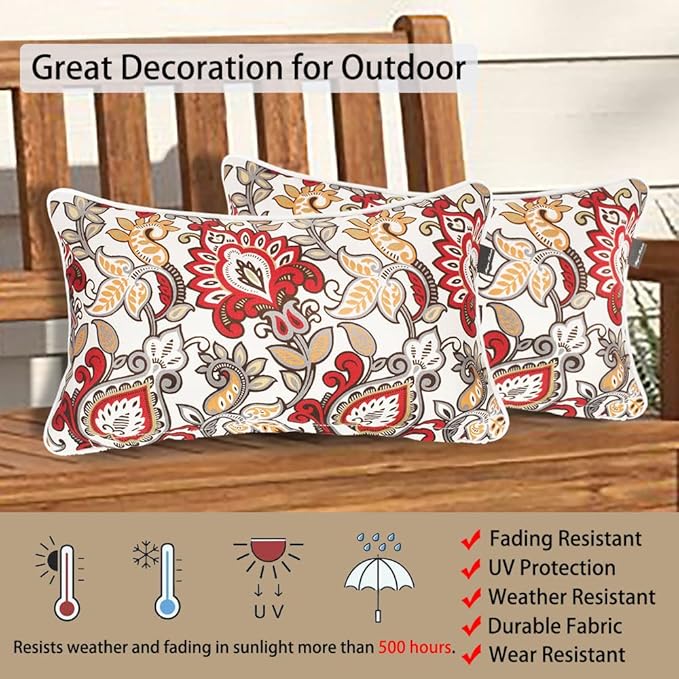 Magpie Fabrics Pack of 2 Outdoor Lumbar Pillow Case Covers 12"x20", Waterproof Rectangular Throw Pillowcase Shell Decorative Sham for Patio Garden Couch - Floral Red Orange