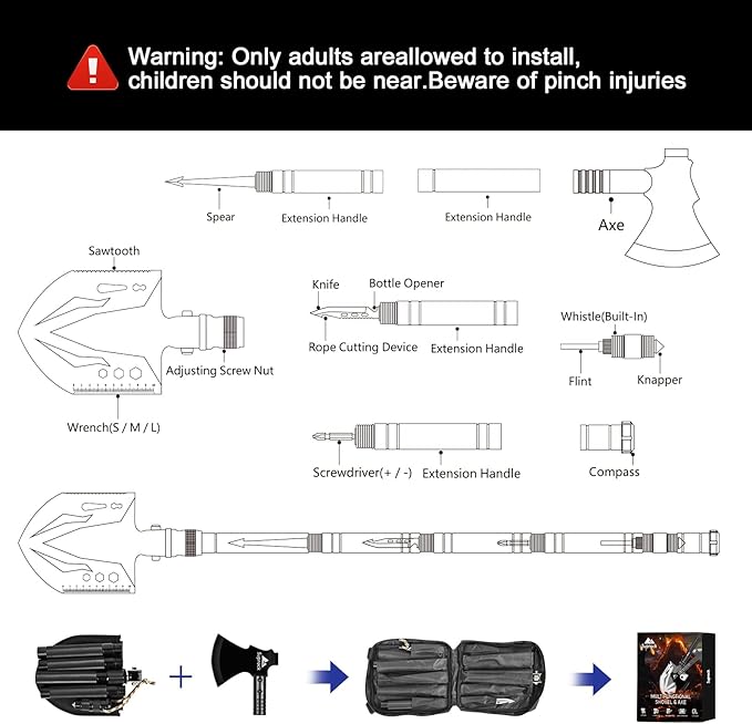 Survival Shovel High Carbon Steel Tactical Shovel Axe Folding Entrenching Tool Camping Hiking Shovel Carrying Pouch Car Emergency Survival Gear