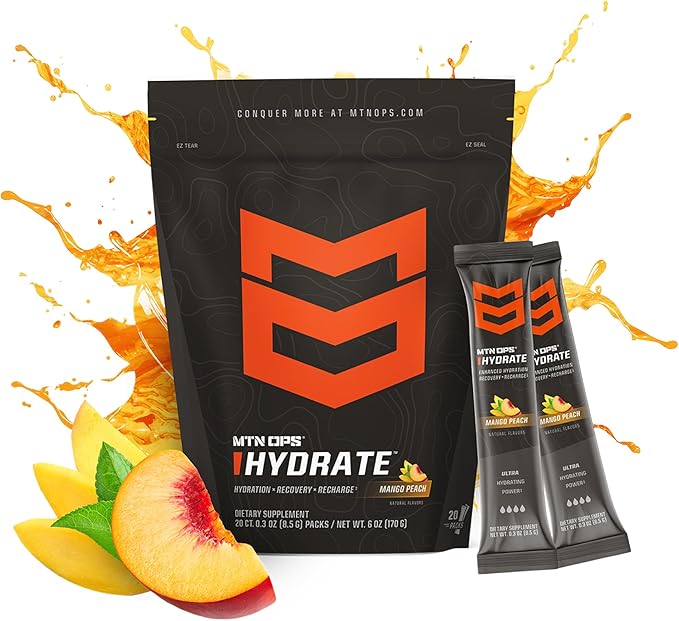 MTN OPS Hydrate Electrolytes Powder Drink Mix, 20 Single Serving On-The-Go Electrolyte Packs with Over 1000mg of Electrolytes per Serving, Mango Peach