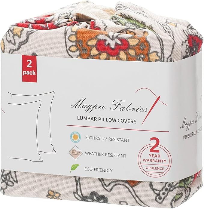 Magpie Fabrics Pack of 2 Outdoor Lumbar Pillow Case Covers 12"x20", Waterproof Rectangular Throw Pillowcase Shell Decorative Sham for Patio Garden Couch - Paisley Red Beige