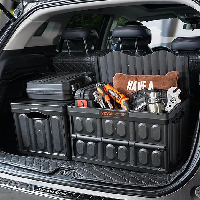 VEVOR 45L Collapsible Storage Bins with Lids 3 Packs, Stackable Utility Crates with Handles, Large Folding Containers for Organizing Tools, Snacks, Books, Food, Drinks, Camping & Transport