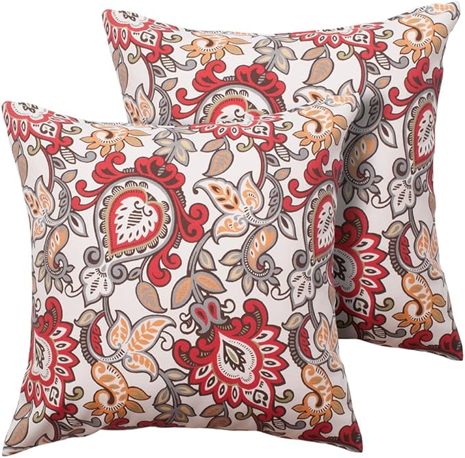 Magpie Fabrcis Pack of 2 Outdoor Waterproof Throw Pillow with Insert 18 x 18 Inch, Christmas Decorative Back Cushion Pad for Garden Patio Tent Balcony Couch Sofa(Floral Red Orange)