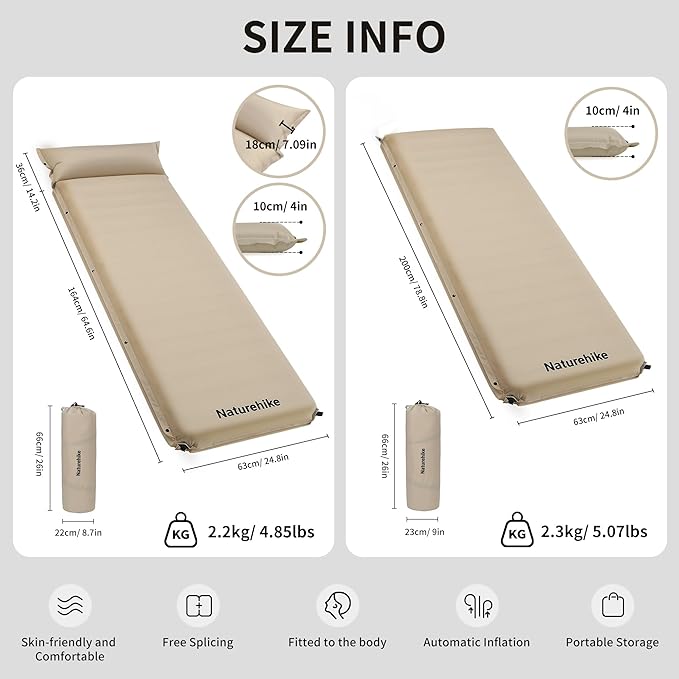 Naturehike 4"/10cm Ultra Thick Foam Self Inflating Sleeping Pad, R9.5 Patchwork Sleeping Mats with 75D Fabric, 4 Seasons Air Mattress for Camping, Travel, Car, Tent, Cot, Hiking