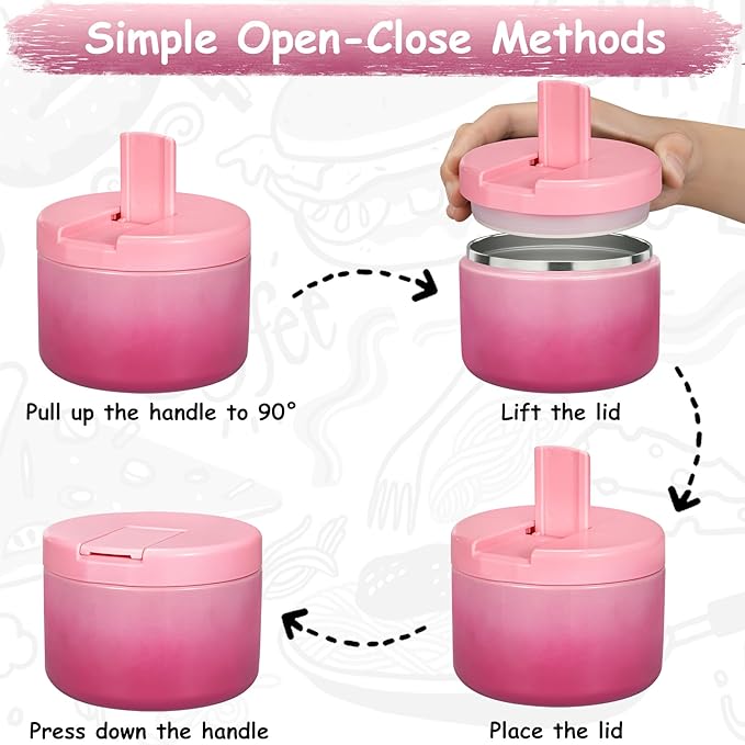 12oz Insulated Vacuum Food Jar with Buckle Lid Wide Mouth Soup Thermo for Hot Food Kids Leakproof Stainless Steel Lunch Container (Gradient Pink, 12OZ)
