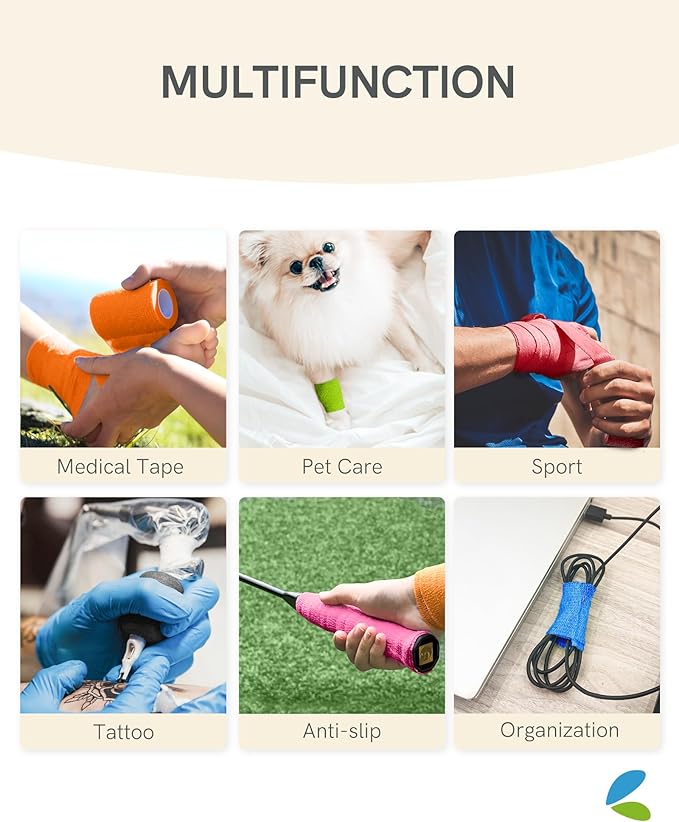 FriCARE Self Adhesive Bandage Wrap, Medical Tape in First Aid Kit, Cohesive Bandages for Wounds Sport Vet, FSA/HSA Eligible, 2 Inches X 5 Yards 6 Rolls, Orange