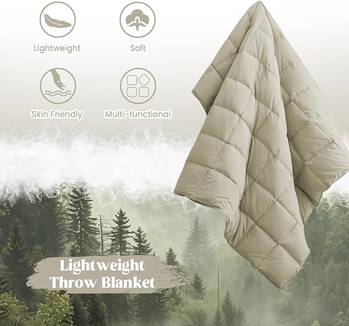 puredown® Soft Feather Down Throw Blanket Lightweight Packable Couch Throw for Indoor and Outdoor Use, 50"X70", Beige