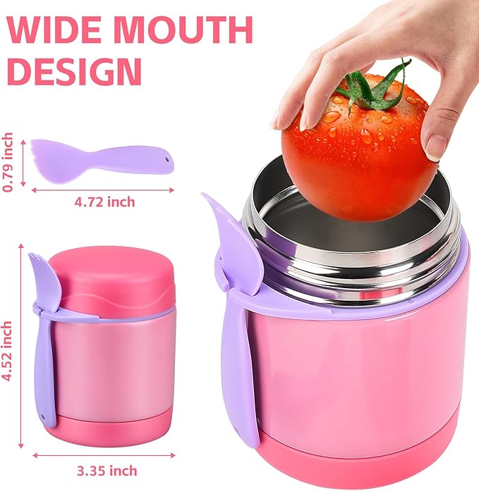 10oz Insulated Food Jar, Thermo for Hot Food Lunch Container, Stainless Steel Lunch Box for Kids with Spoon (Pink)