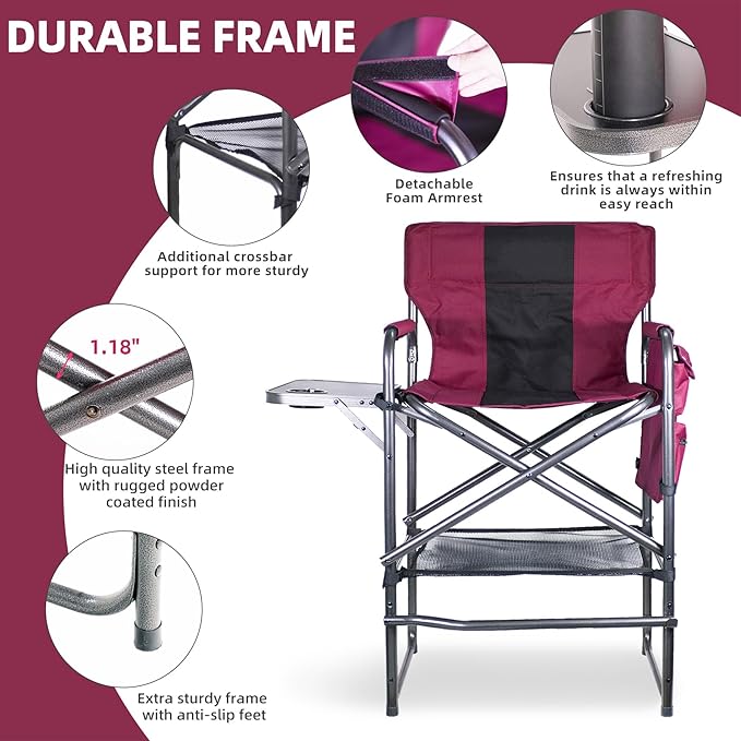 30" Tall Directors Chair with Side Table, 400LBS Bar Height Folding Camping Chair for Makeup Artists, Outdoor Events, Portable Foldable Chair with Cup Holder & footrest - Light Wine Red