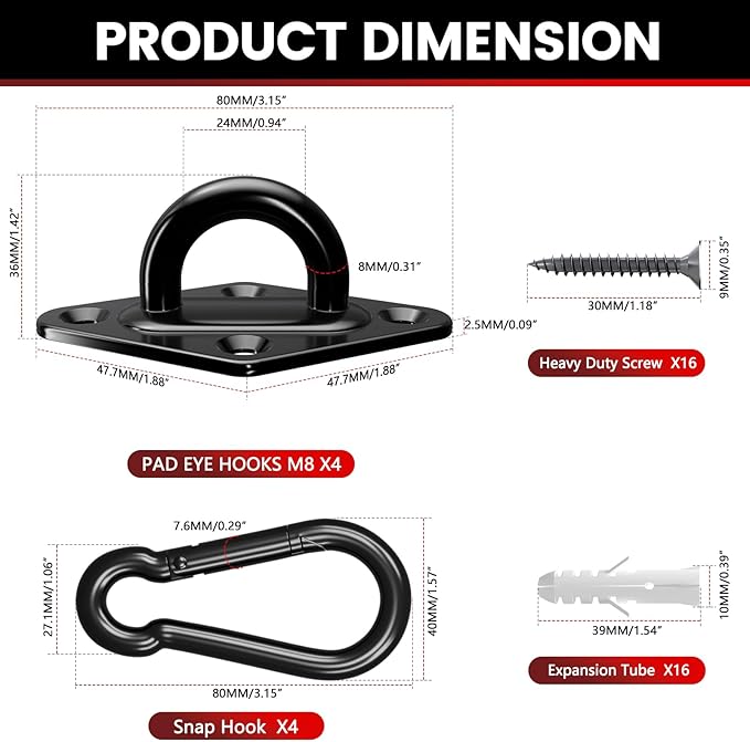 sprookber 304 Stainless Steel Pad Eye Snap Hooks, M8 Heavy Duty Ceiling Hook, 1200 lb Capacity Hammock Swing Hanging kit, Plant Hangers, Marine Hardware Staple Hook Loop with Screws, Set of 8(Black)