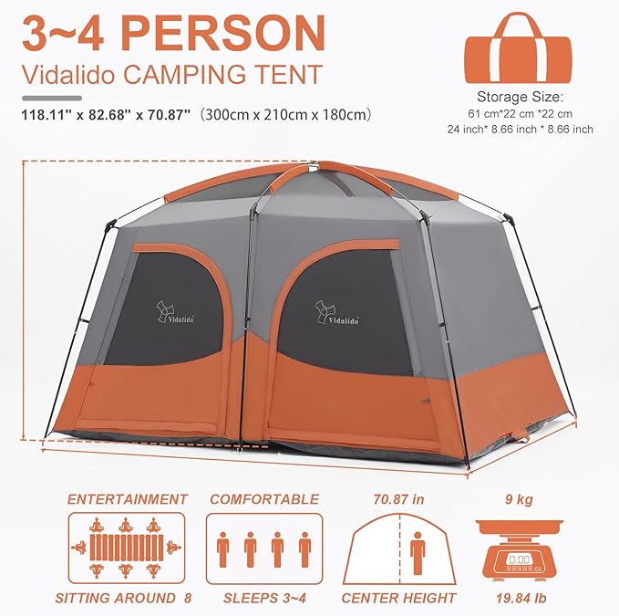 Vidalido Tents，3-4 Person Camping Tent with Extended Vestibule，Weather Resistant Family Tents with Breathable Mesh Windows，Easy Install Waterproof Outdoor Tent for Backpacking and Camping Hiking