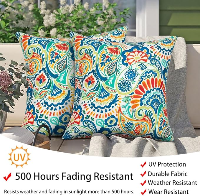 Magpie Fabrics Patio Pillow Covers ONLY 18"x18", Set of 2, Fade-Resistant Outdoor Indoor Cushion Cases Decorative Throw Pillowcase Shell for Couch Garden Furniture -Paisley Multi