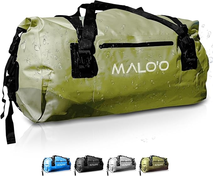 Malo’o Waterproof Dry Duffel, Heavy-Duty Roll Top Waterproof Gear Bag with Shoulder Strap & Molle Loops, Marine Duffel for Kayaking, Boating, Camping, Beach & Travel, Dark Green, 40L