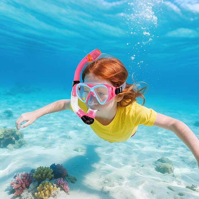 Kids Snorkel Set Dry Top Snorkeling Gear for Kids Boys Girls Youth Junior Age 5-15, Anti-Fog Anti-Leak Snorkel Mask Scuba Diving Mask Swimming Goggles with Nose Cover