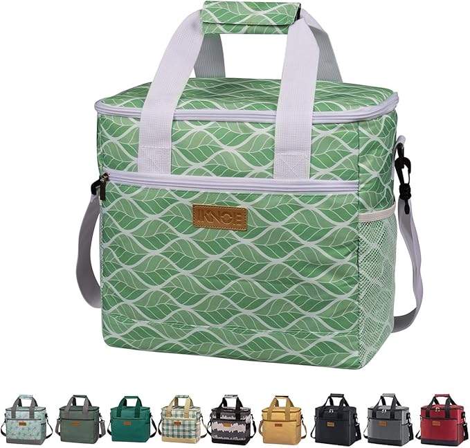 iknoe Large Cooler Bag Collapsible, 15L Insulated Bags, Leakproof Lunch Cooler Tote with Multi-Pockets for Adult, Insulated Lunch Box for Beach, Picnic, Work, Green Wave 24-Can