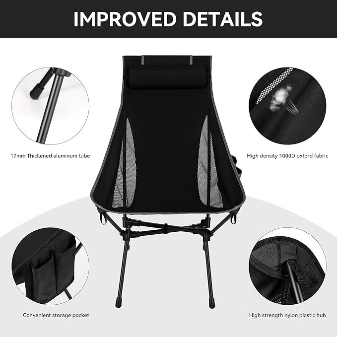 Portable High Back Camping Chair, Support Heavy Duty 440 lbs, Lightweight Folding Chair with Adjustable Pillow for Hiking, Beach, Backpacking