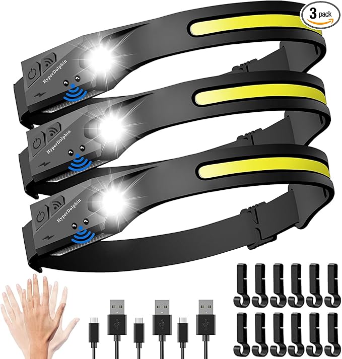 (3-Pack) Headlamp Rechargeable, LED Waterproof Headlight for Adults, 230° Headband Light Forehead, Motion Sensor, USB Head lamp Band, 350 Lumen Super Bright, 5 Modes, Comfortable for Running,Fishing