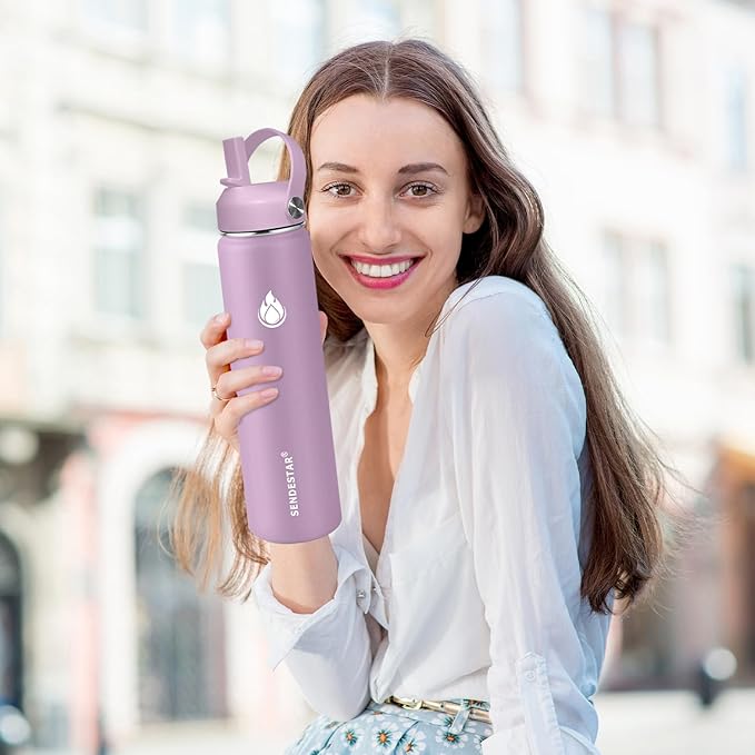SENDESTAR Water Bottle Insulated Water Bottle 24 oz with Straw Lid Spout Lid Auto Flip Straw Top Cap for men and women