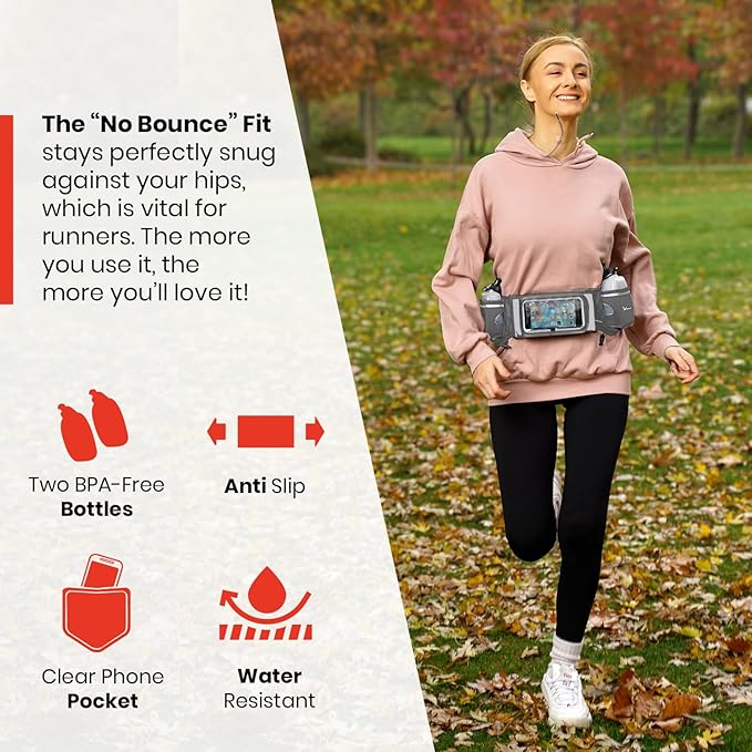 No.1 Hydration Belt by Runtasty - Premium Running Fuel Belt w/2 BPA-Free 10 oz Water Bottles, Tilt-Up Pocket w/Touchscreen-Ready Cover - Fits All iPhones, Runners Ebook & No-Bounce Design