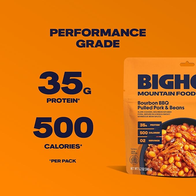 BIGHORN Mountain Food Bourbon BBQ Pulled Pork and Beans - premium freeze dried meals for backpacking food - dehydrated camping food for backpacking meals - 2 Serving