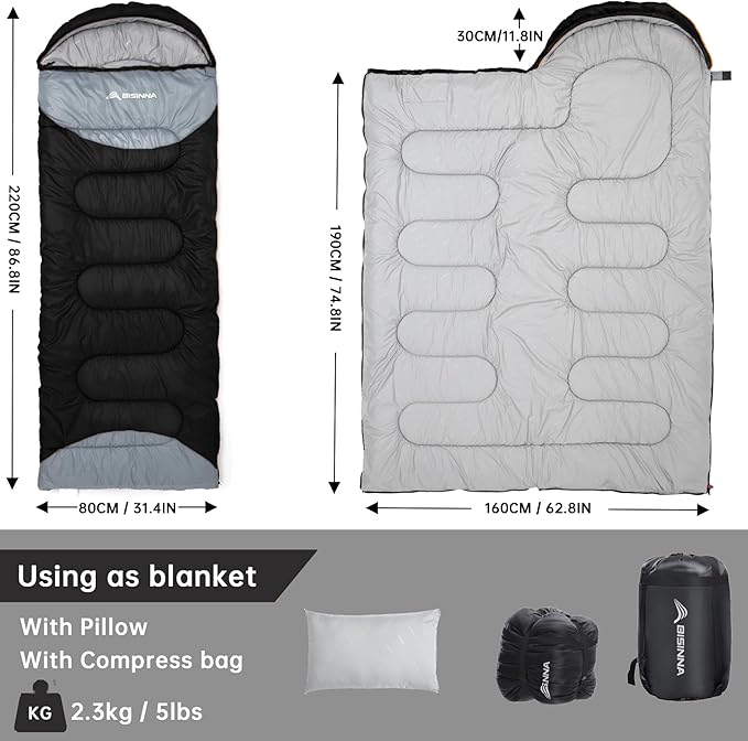 BISINNA 0 Degree Winter Sleeping Bags(480GSM) for Adults-Cold Weather Camping Sleeping Bag-Comfortable Warm Portable Sleeping Bags with Pillow Compression Sack for Backpacking Hiking Outdoor