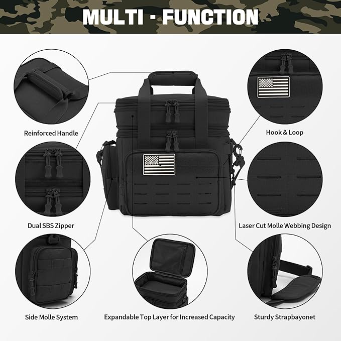 QT&QY Tactical Lunch Box for Men Expandable 18L Heavy Duty Military Insulated Cooler Bag, Leakproof Thermal Lunch Bag for Work Camping Outdoor Picnic Pail Adult Meal MOLLE Webbing Black