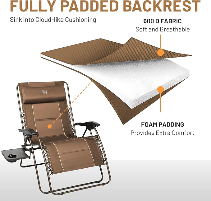 TIMBER RIDGE Oversized Zero Gravity Chair, 33In Wide XXL Zero Gravity Reclining Chair with Side Table, Full Padded Lounge Chair for Outdoor Camping Patio Lawn, Heavy Duty Supports 500lbs, Brown-1 Pack