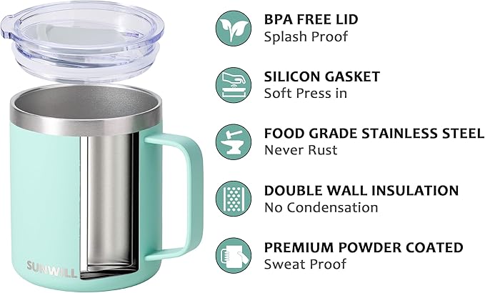 SUNWILL Travel Coffee Mug with Lid, Insulated Tumbler with Handle, 14 oz Stainless Steel Cup Set for Camping, Outdoor, Powder Coated Sakura & Mint 2 Pack