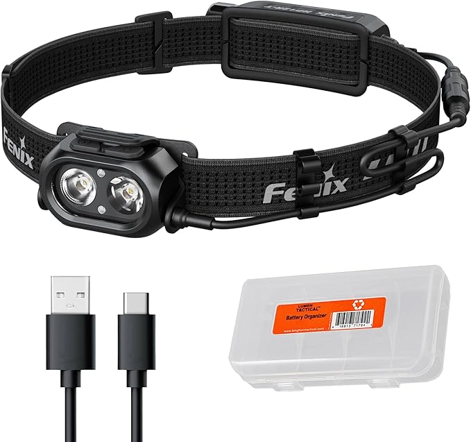 Fenix HP12R-T 1300 Lumen Rechargeable Running Headlamp – Split Battery Design, White/Neutral White/Red Light Modes with Lumentac Organizer (Black)