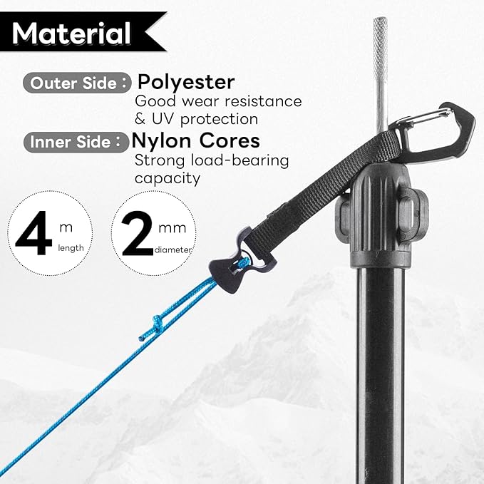 4 Pack Guy Lines-Ultralight Tent Cords with Locking Carabiner Clip, 2mm 100% Nylon Guylines Ropes for Outdoor Camping Tent Tarp,Climbing,Hiking Backpacking (Blue, 4M)