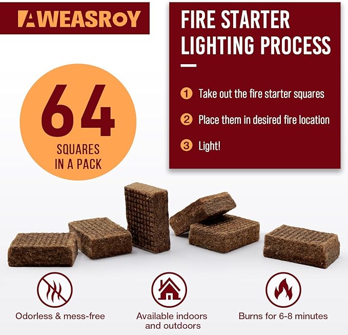 Fire Starter Squares 64 - Fire Starters for Fireplace,Chimney,BBQ Grill,Camping Fire,Wood Stove - Water Resistant and Safe Odourless - Camping Accessories