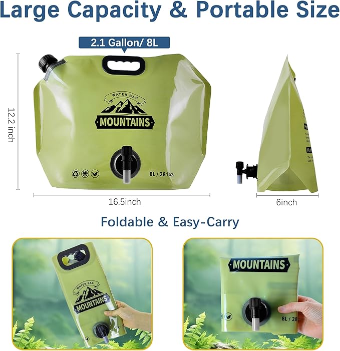 Camping Water Jug 2.1 Gallon CollapsibleWater Container Portable Water Bag for TravelOutdoor Hiking BPA Free Lightweight (Green (2.1 Gal), 2)