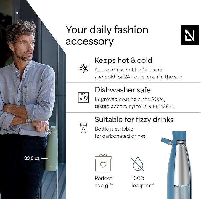 LARS NYSØM Stainless Steel Insulated Water Bottle 25oz 34oz | Insulated Thermo Flask for Hot and Cold Beverages | Leakproof Drinking Bottle (Calypso Blue, 25.4oz)