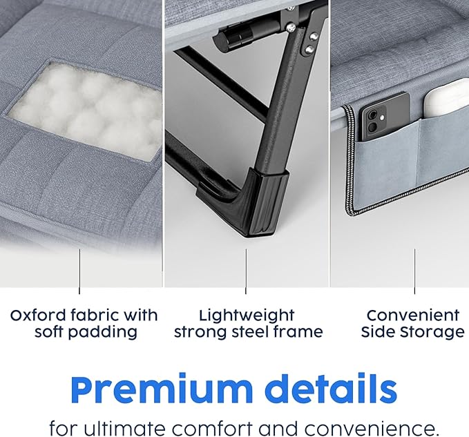 Oxford and Steel Frame 6-Angle Adjustable Foldable Bed Folding Camping Cot Bed with Extra Wide Padded Mattress Support for Adults Outdoor Travel Tent Use(Gray, Extra Large - 80 * 28")
