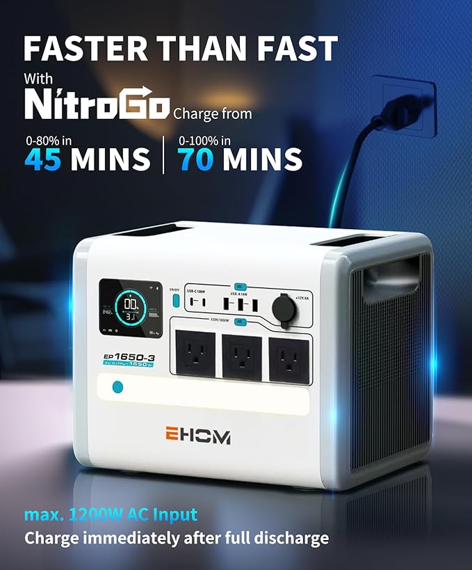 EHOM Portable Power Station, EP1650 1024Wh LiFePO4 EVE Battery Solar Generator Backup 120V AC/DC/USB, 1650W (Peak 2200W) Mobile Power Supply as Emergency Generator for RV Off-Grid Home Outdoor Camping