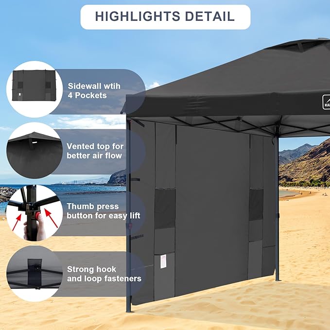 KAMPKEEPER 10x10 Pop Up Canopy Tent with Sidewall - Easy Setup Sun Shelter, Outdoor Shade with Vented Roof for Backyard | UV & Rain Portable Instant Camping Beach Canopy Tents (Black)