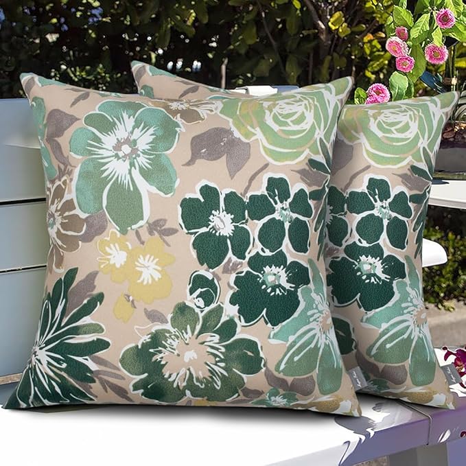 Magpie Fabrics Patio Pillow Covers ONLY 18"x18", Set of 2, Fade-Resistant Outdoor Indoor Cushion Cases Decorative Throw Pillowcase Shell for Couch Garden Furniture - Green Floral