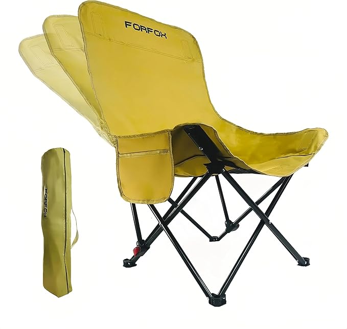 Adjustable Portable Folding Camping Chair with High Back, Side Pockets, Headrest, Lightweight Lawn Chair for Outdoor Camping, Beach, Leisure and Adults (Khaki Single Cloth Thin)