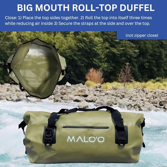 Malo’o Waterproof Dry Duffel, Heavy-Duty Roll Top Waterproof Gear Bag with Shoulder Strap & Molle Loops, Marine Duffel for Kayaking, Boating, Camping, Beach & Travel, Dark Green, 40L