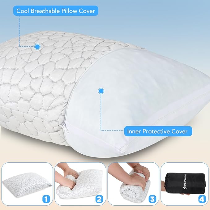 SUPA MODERN Cooling Bed Pillows for Sleeping 1 Pack Small Shredded Memory Foam Pillow Camping Travel Pillow - Compressible Medium Firm, Breathable Cover, ldeal Backpacking Hiking, Airplane and Car